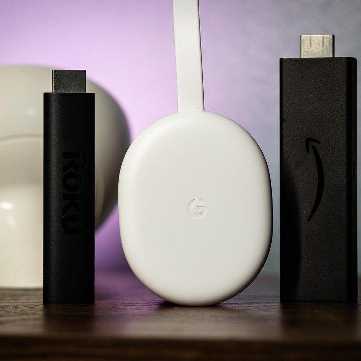 A Roku Streaming Stick 4K, a Chromecast with Google TV and a Amazon Fire TV Stick 4K.