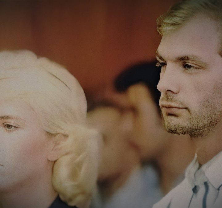 Wendy Patrickus and Jeffrey Dahmer stand next to each other in Conversations with a Killer.