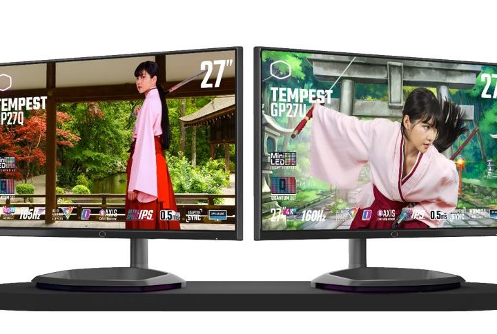 Cooler Master 27-inch Tempest gaming monitors stand next to each other.