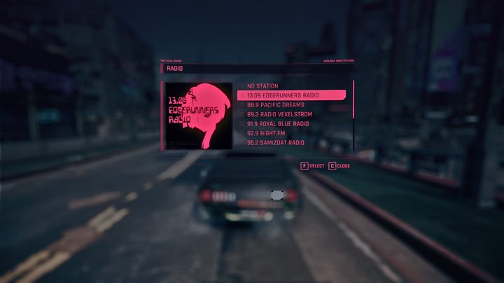 Selecting a radio station in Cyberpunk 2077.