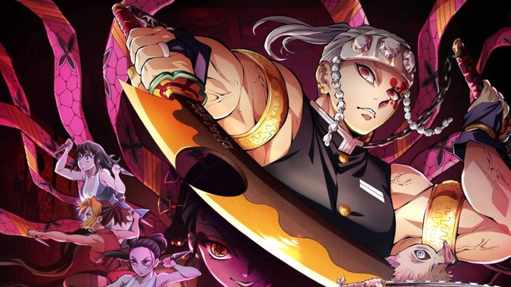 The Sound Hashira in Demon Slayer key art with a collage of the cast.