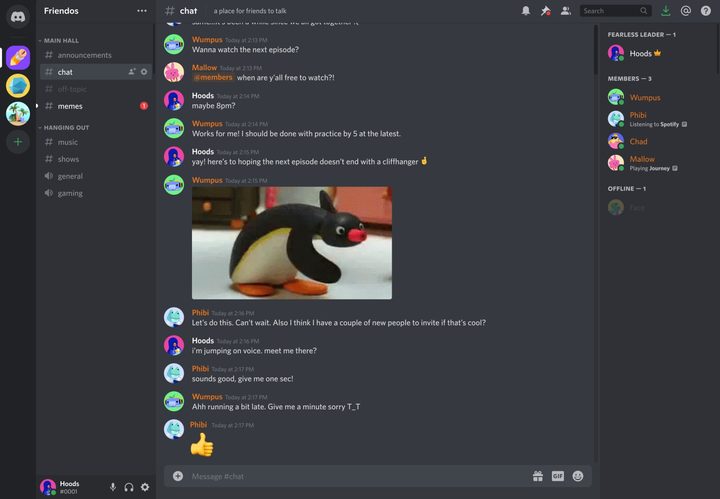 The Discord app showing a text channel with various messages and images.