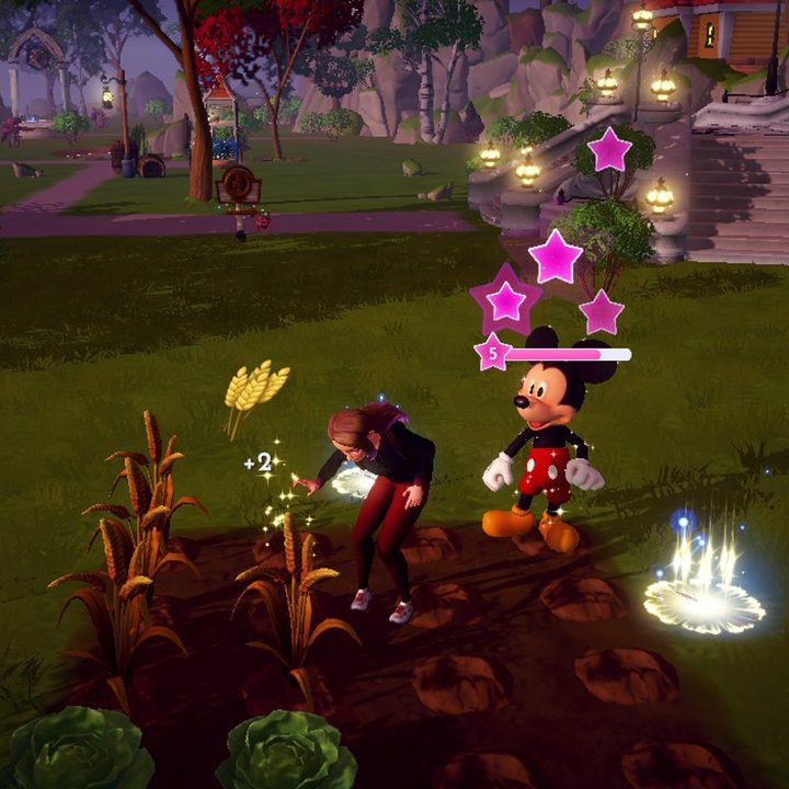 Mickey Mouse's Friendship Level gauge increases as player character harvests wheat.