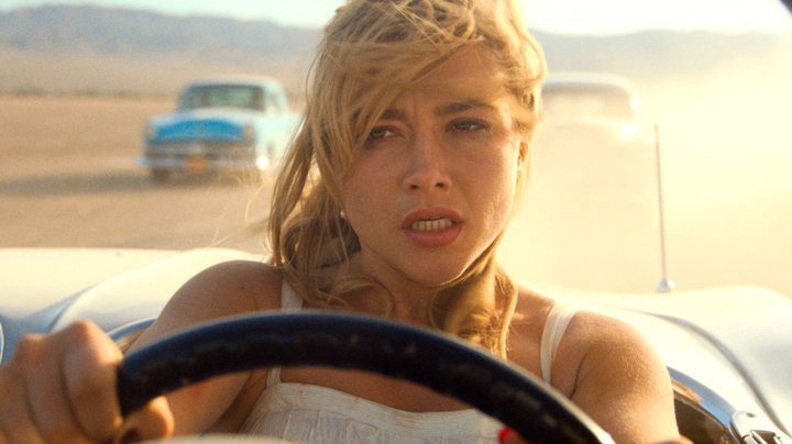 Florence Pugh drives distressed.