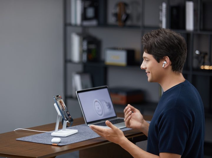 ESR Gear HaloLock 3-in-1 Wireless Charger in use for work at home.