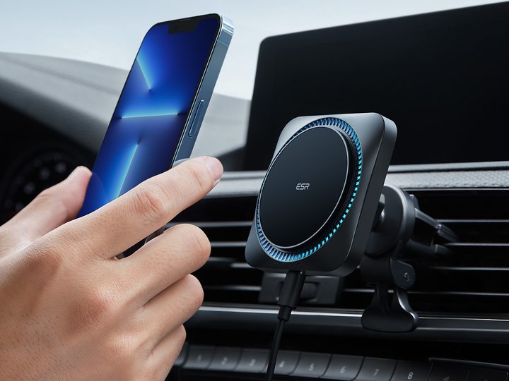 ESR HaloLock Wireless Car Charger with Cryoboost technology in use.