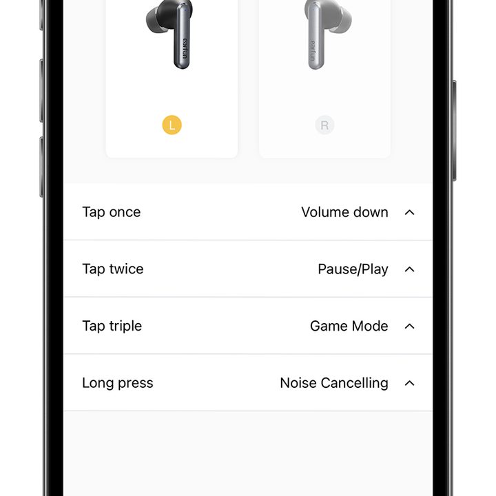 Earfun app showing controls for Air S earbuds.