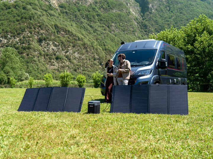 EcoFlow DELTA 2 charging via solar panels while on road trip.