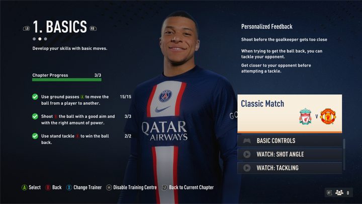 The Training Center in FIFA 23, showing a post-game analysis.