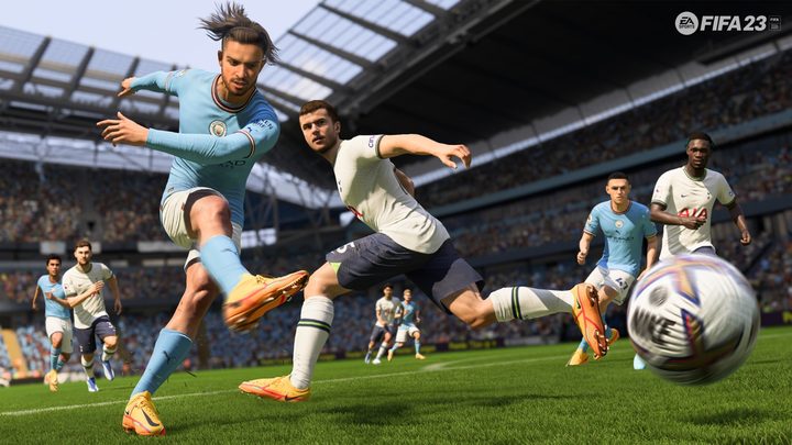 Jack Grealish taking a shot in FIFA 23.