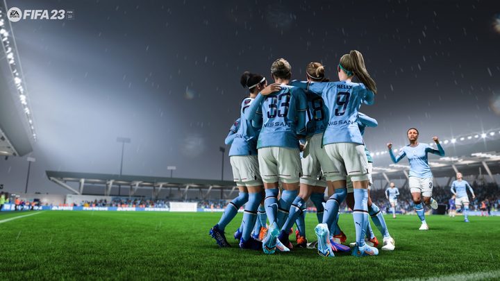 The women's Manchester City team celebrating a goal in FIFA 23.