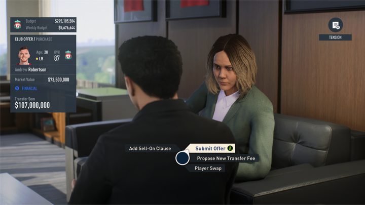 A transfer negotiation taking place in FIFA 23, with two managers sitting side-by-side.