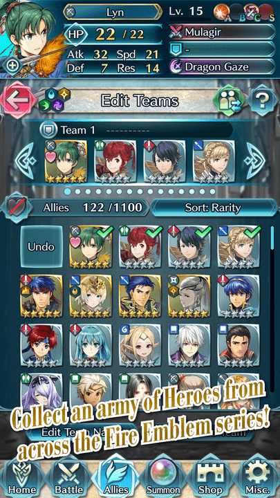 A list of unlocked heroes in a Fire Emblem Heroes promotional image.