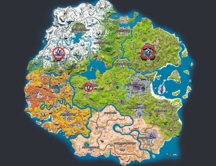 Map of Fortnite highlighting Rave Cave, Tilted Towers, and Lustrous Lagoon.