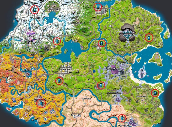 Map of Mending Machines in Fortnite.