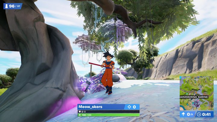 Goku next to Chrome tree in Fortnite.