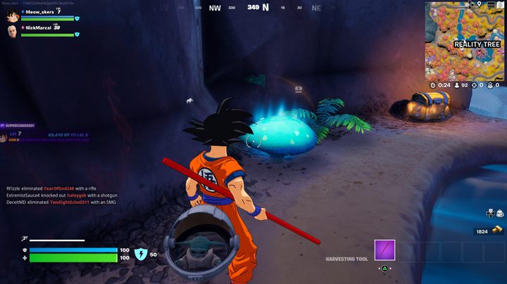 Goku standing in front of Slurp Shrooms in Fortnite.