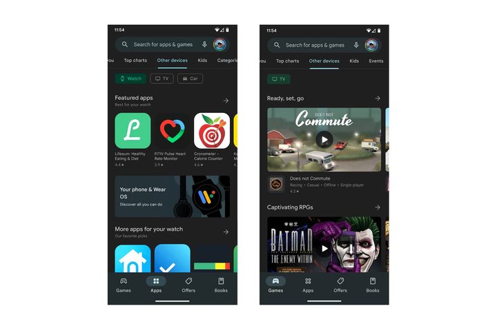 Google Play Store featured pages for non-phone devices.