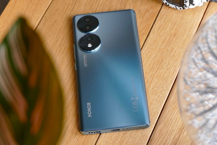 The back of the Honor 70, resting on a table.