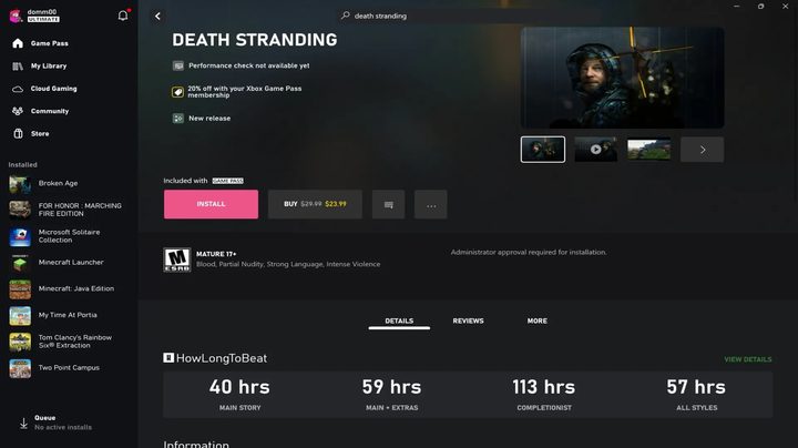 The Death Stranding details screen displays How Long To Beat information in the Xbox app on PC.