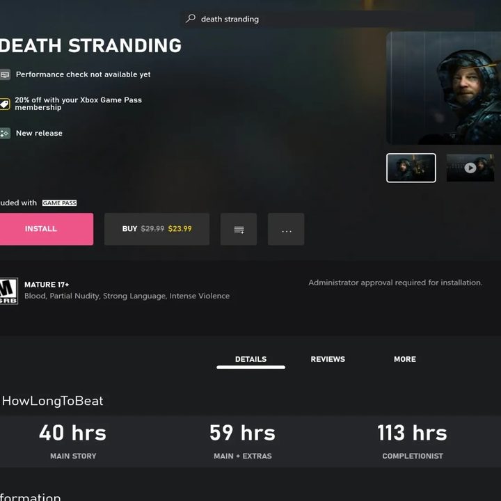The Death Stranding details screen displays How Long To Beat information in the Xbox app on PC.
