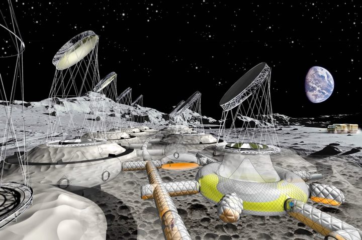 A vision of a future Moon settlement assembled from semi-buried inflatable habitats. Sited beside the lunar poles in regions of near-perpetual solar illumination, mirrors positioned above each habitat would reflect sunlight into greenhouses within the doughnut-shaped habitats.