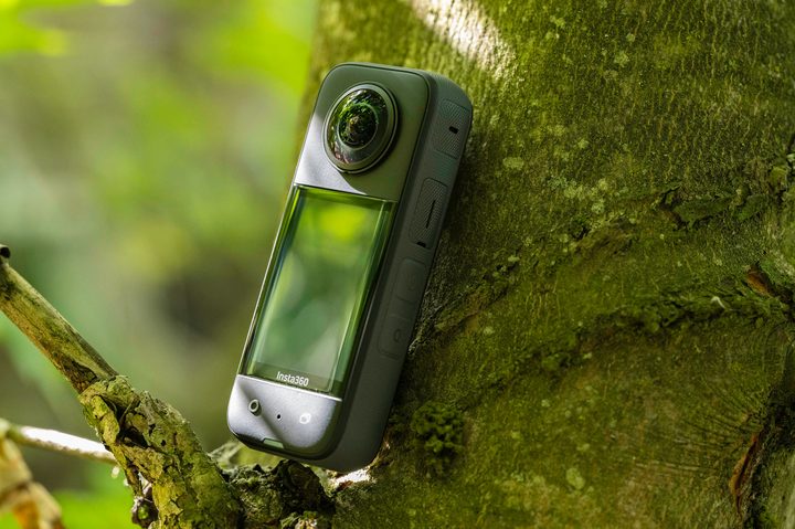 The Insta360 X3 sitting on the branch of a tree.