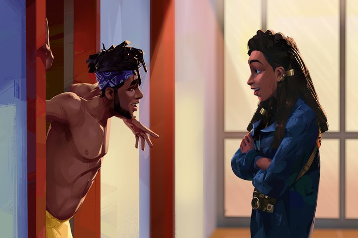 Jabari stands in his doorway in front of Meadow in Netflix's Entergalactic.