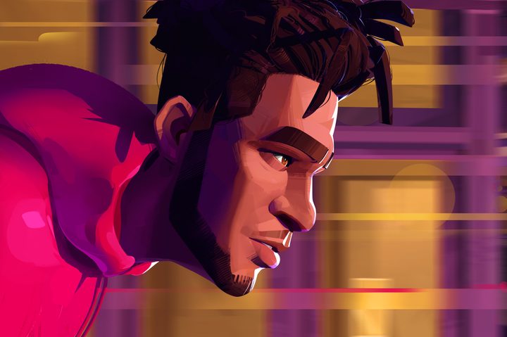 Jabari leans forward while wearing a red hoodie in Netflix's Entergalactic.