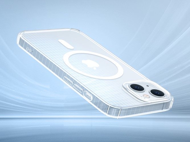 Krystec Clear Case with Magsafe and HaloLock protecting iPhone 14.
