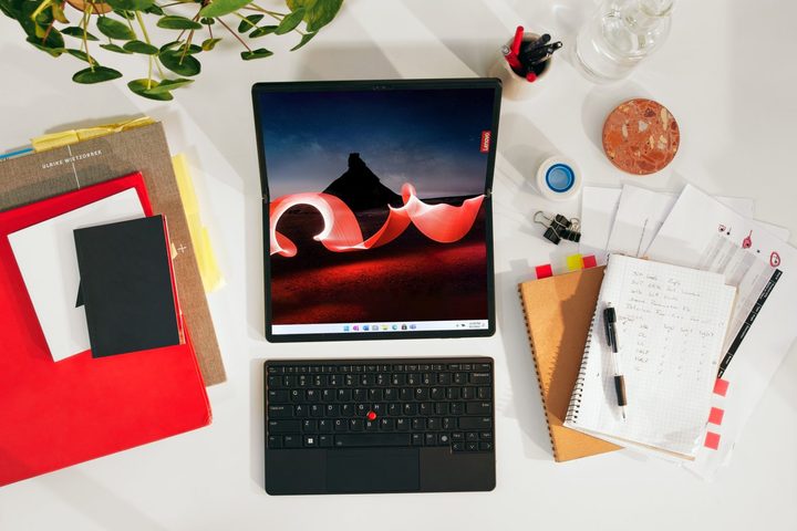 The ThinkPad X1 Fold Gen 2 unfolded on a table.