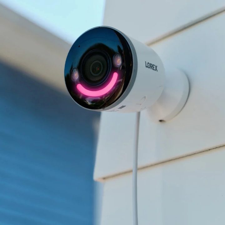 Lorex 4K spotlight indoor outdoor Wi-Fi camera with bright light for property coverage.