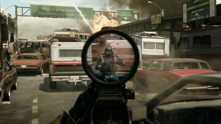 Character aiming down sights in Modern Warfare II.