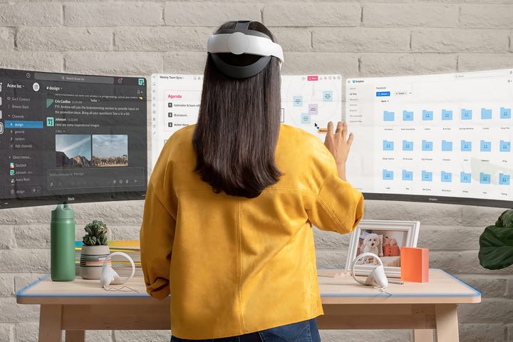 Meta Quest displaying multiple virtual screens for work.