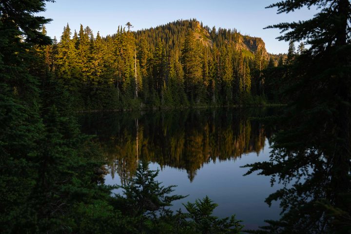 A mountain lake at sunrise.