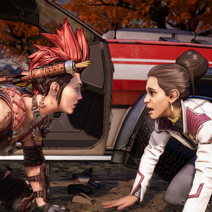 A character dressed as a doctor is kneeling, face to face with a girl with a red mohawk in New Tales from the Borderlands.