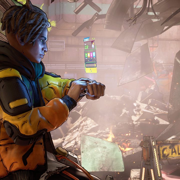 Octavio look at a hologram projected from his wrist in New Tales from the Borderlands.