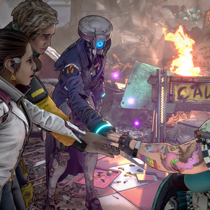 Three people and a robot join hands in a cheer in New Tales from the Borderlands.