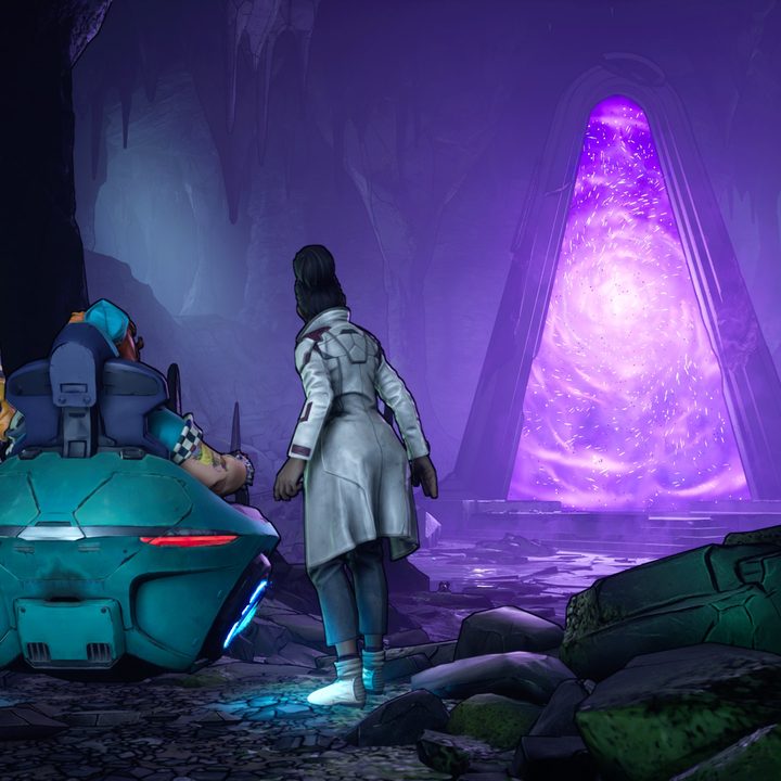 Anu and Fran cautiously approach a bright violent portal in New Tales from the Borderlands.