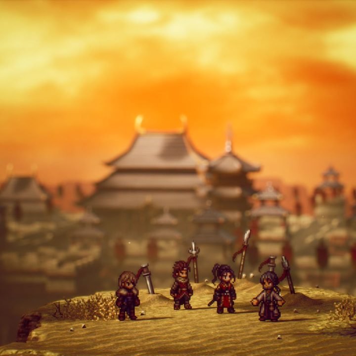 Four warriors standing on a cliff.