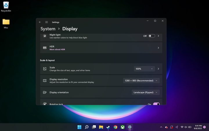 The Display settings screen on a OneXplayer Mini.