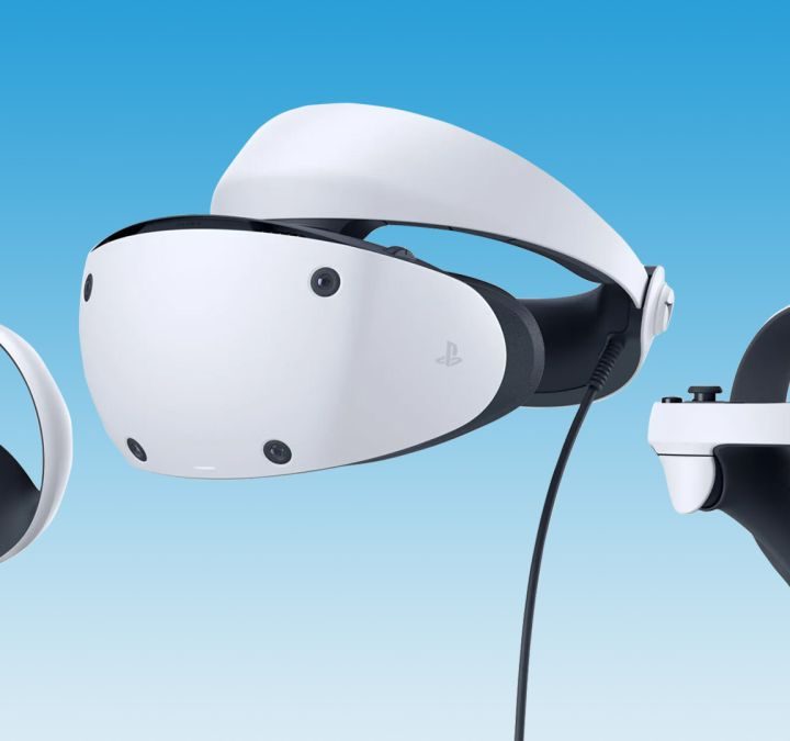 A PSVR2 headset on a sky-blue background.