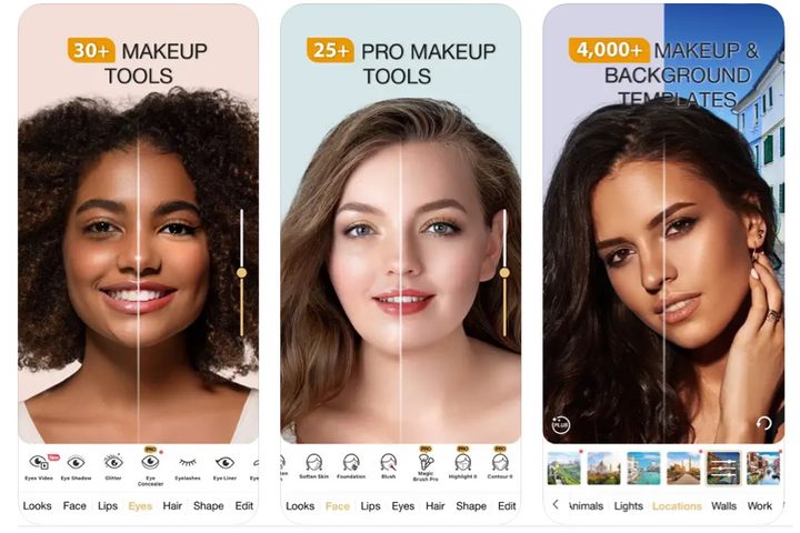 Perfect365 makeup tools and background screens.