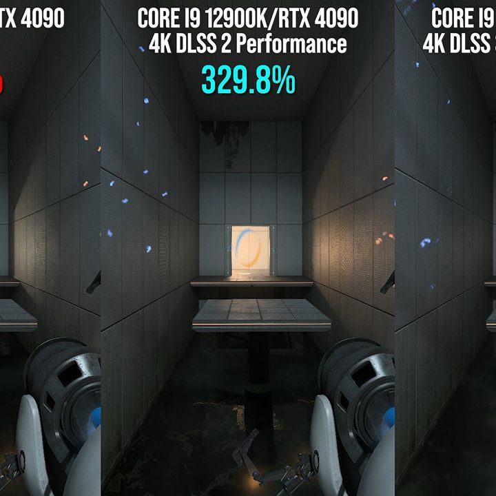 Performancew comparison with and without DLSS 3 in Portal RTX.