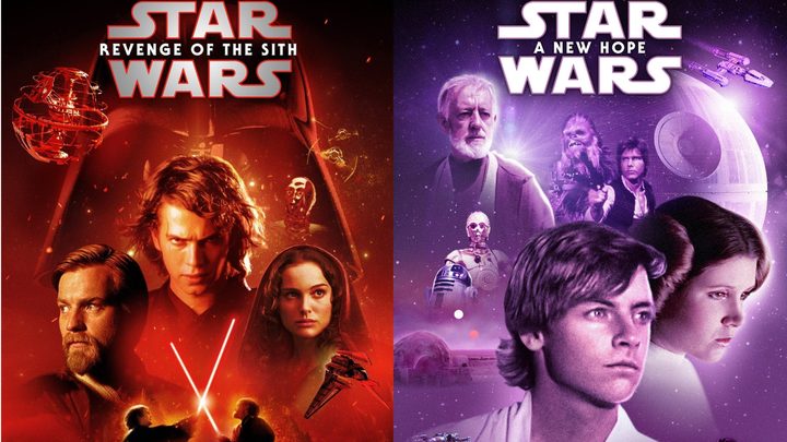 Split image of Revenge of the Sith and A New Hope posters.