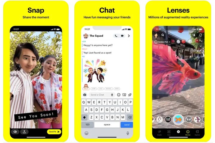 Snapchat panes with cartoon characters and fish.