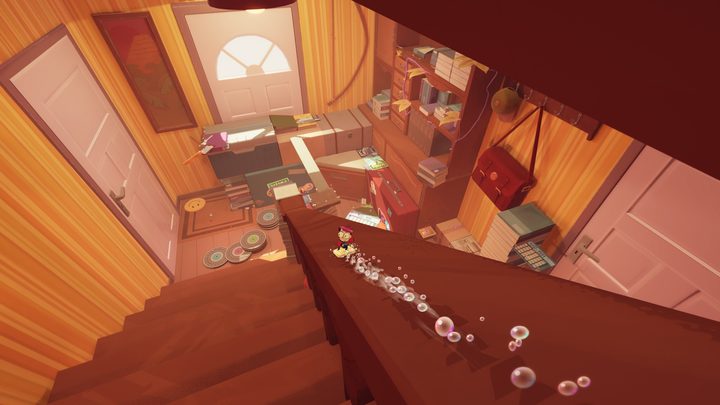 Milo riding the soapboard down a staircase in Tinykin.