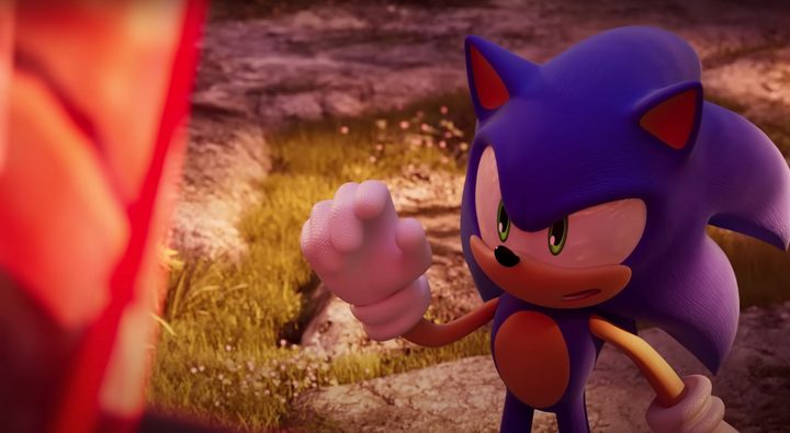 Sonic lifts his finger to Amy Rose's cage in confusion.