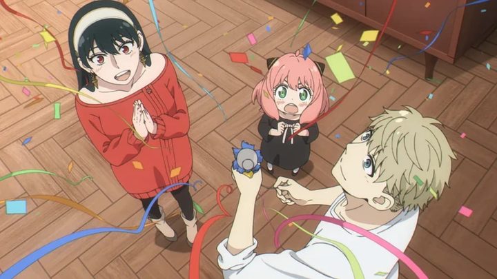 Yor, Anya, and Loid Forger celebrating with confetti in Spy x Family.