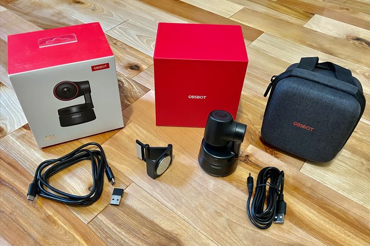 The Obsbot Tiny 4K webcam includes everything you need and comes with a carrying case.